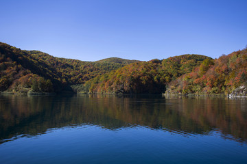 Fototapeta na wymiar Sunny autumn day on Plitvice lakes national park in Croatia