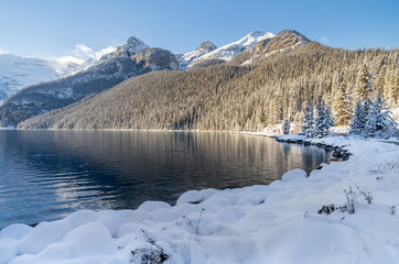 Sun on Mountain Above Glacier Fed Lake in Early Winter