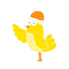 flat color illustration of a cartoon bird wearing hat
