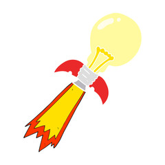 flat color illustration of a cartoon lightbulb rocket ship