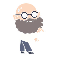 flat color style cartoon worried man with beard and spectacles pointing finger