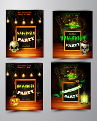 Halloween party invitation on wooden wall background