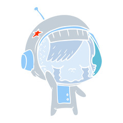 flat color style cartoon crying astronaut girl waving goodbye