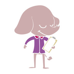 flat color style cartoon smiling elephant with clipboard