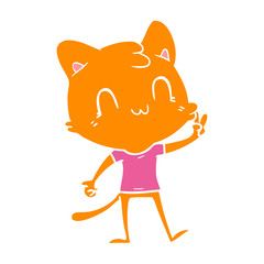 flat color style cartoon happy cat giving peace sign