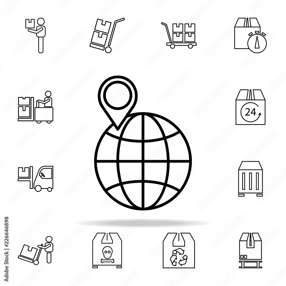 Poster pin on the globe outline icon. cargo logistic icons universal set for web and mobile