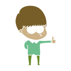 curious flat color style cartoon boy giving thumbs up sign