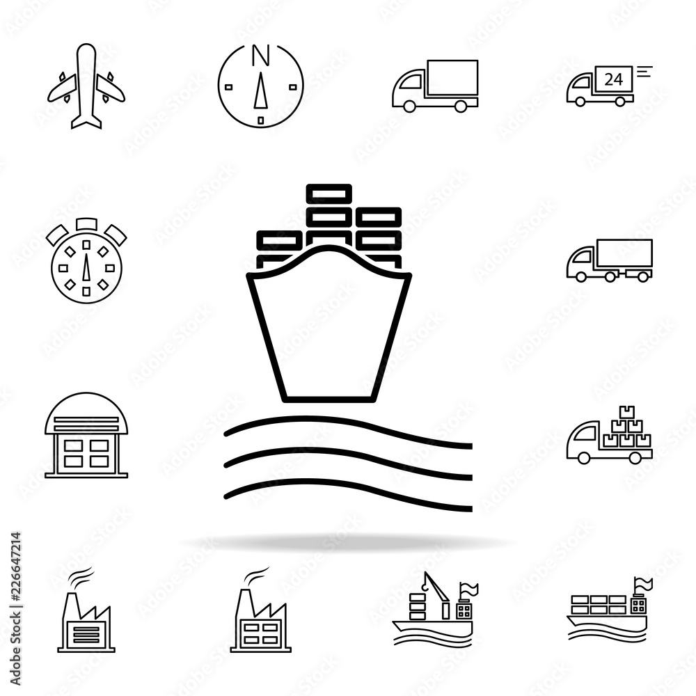 Poster ship with containers front view outline icon. cargo logistic icons universal set for web and mobile