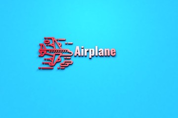 3D illustration of Airplane, red color and red text with blue background.