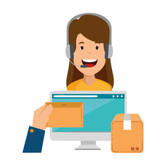 logistic woman agent with headset and computer