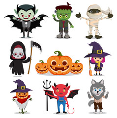 halloween vector characters set. Flat scary cartoon horror elements like witch, reaper, ghost, vampire and zombie isolated in white. Vector illustration.
