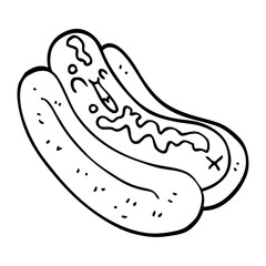 line drawing cartoon hotdog in bun with ketchup