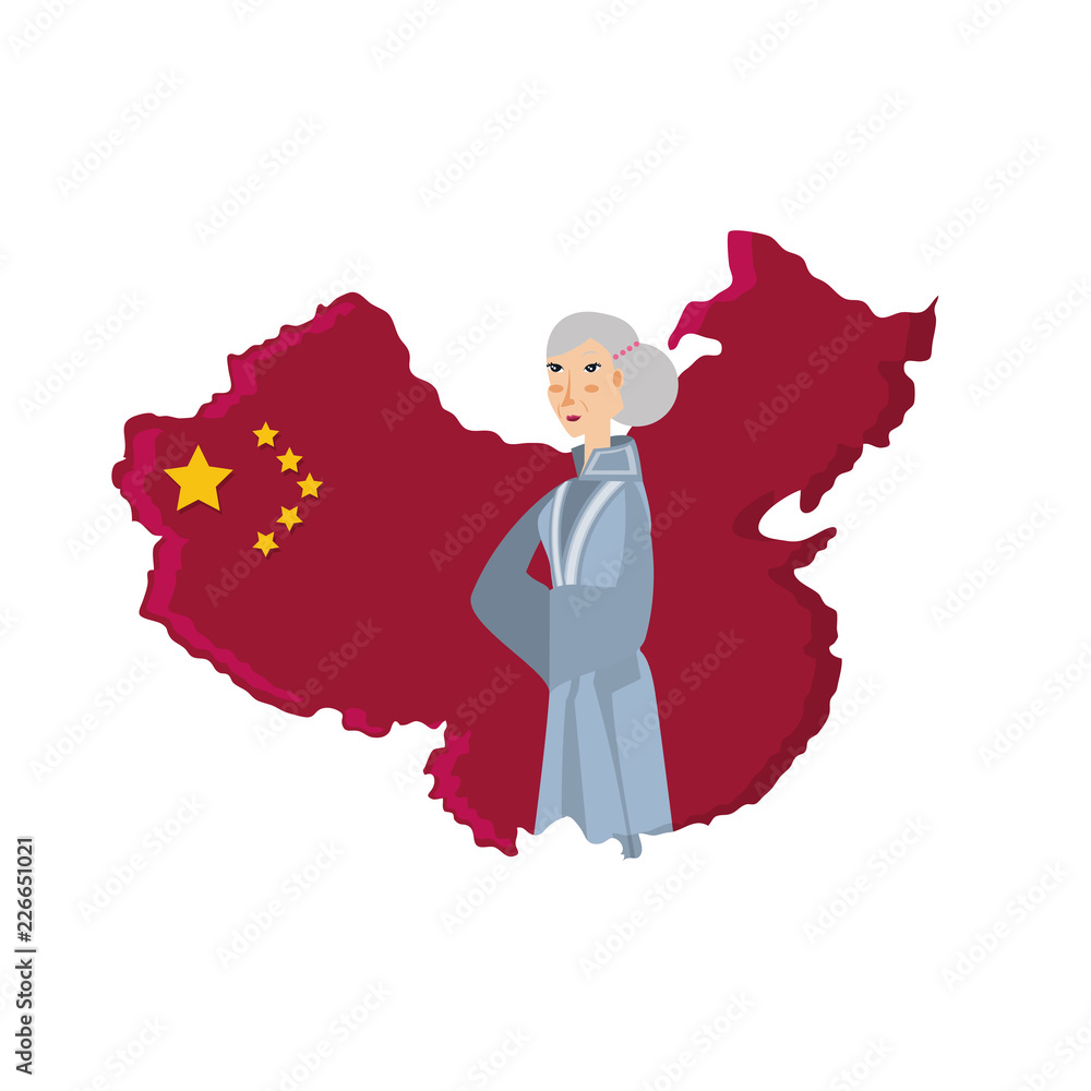 Poster map china with old woman isolated icon