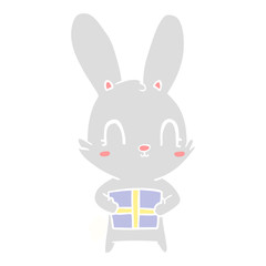 cute flat color style cartoon rabbit with present