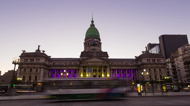 Day to night Sunset time lapse hyperlapse of the Argentina historic national congress in Buenos Aires