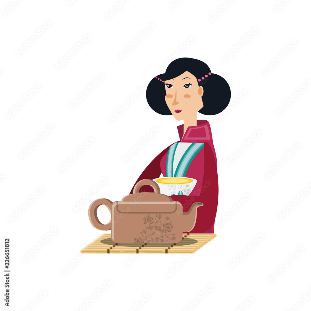 Sticker geisha woman with teapot avatar character