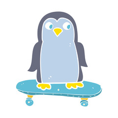 flat color illustration of a cartoon penguin riding skateboard