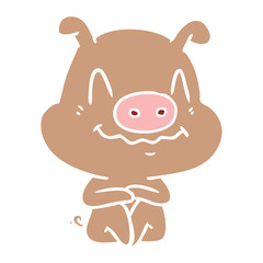 nervous flat color style cartoon pig sitting