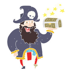 flat color illustration of a cartoon pirate captain with treasure chest