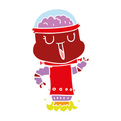 happy flat color style cartoon robot flying