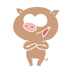 cheerful pig flat color style cartoon