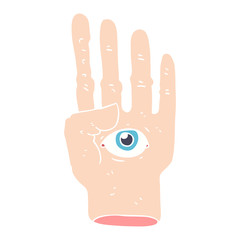 flat color illustration of a cartoon spooky hand with eyeball