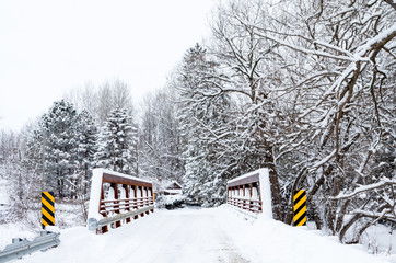 Snow Covered Rural One Lane Iron Bridge 