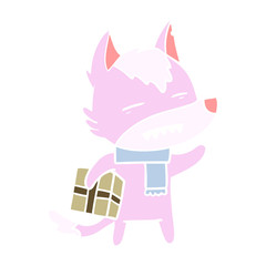 flat color style cartoon wolf with a gift