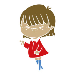 annoyed flat color style cartoon girl making accusation