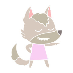 friendly flat color style cartoon wolf girl pointing