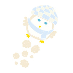 flat color illustration of a cartoon cute little owl flying