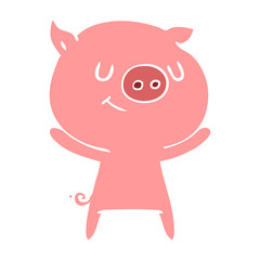 happy flat color style cartoon pig