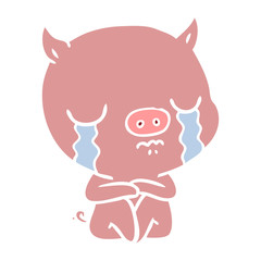 flat color style cartoon sitting pig crying