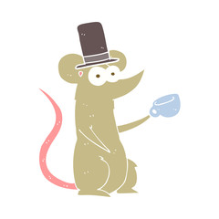 flat color illustration of a cartoon mouse with cup and top hat