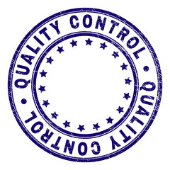 QUALITY CONTROL stamp seal watermark with grunge texture. Designed with round shapes and stars. Blue vector rubber print of QUALITY CONTROL caption with grunge texture.