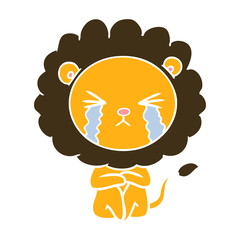 flat color style cartoon crying lion sitting huddled up