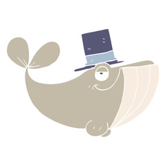 flat color illustration of a cartoon whale wearing top hat
