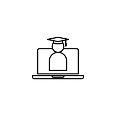 E-learning line icon. Online internet education symbol. graduation cap on laptop screen. digital graduate business sign. logo for web site, mobile app, UI, infographic. Isolated vector illustration.