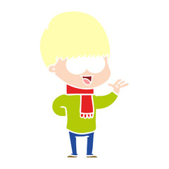 happy flat color style cartoon boy waving