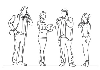continuous line drawing of standing business persons making phone calls