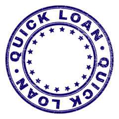 QUICK LOAN stamp seal watermark with distress texture. Designed with round shapes and stars. Blue vector rubber print of QUICK LOAN title with unclean texture.