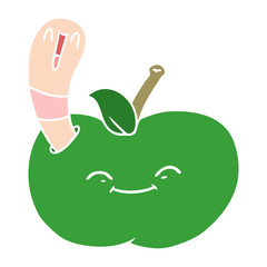 flat color style cartoon happy worm in an apple