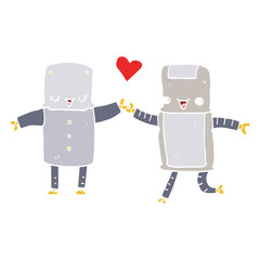 flat color style cartoon robots in love
