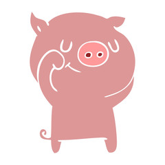 happy flat color style cartoon pig