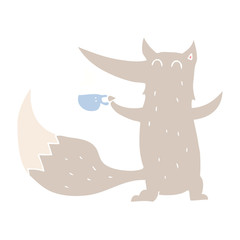 flat color illustration of a cartoon wolf with coffee cup
