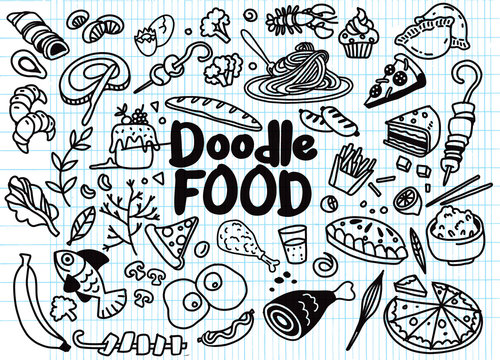Hand drawn set of food ingredient doodles with lettering in vector