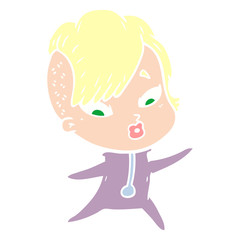 flat color style cartoon surprised girl in science fiction clothes