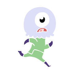 flat color style cartoon cyclops alien spaceman running