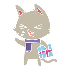 flat color style cartoon hissing cat with christmas present