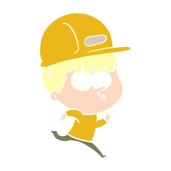 flat color style cartoon man in builders hat running